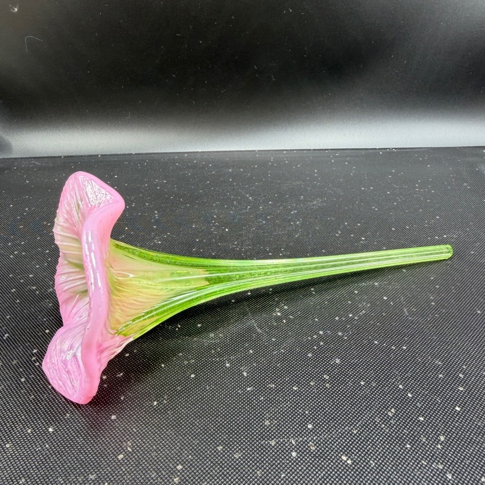 Hand Blown Glass Flower Pink Trumpet Morning Glory Green Stem Art Glass 7 Inch - Picture 11 of 11